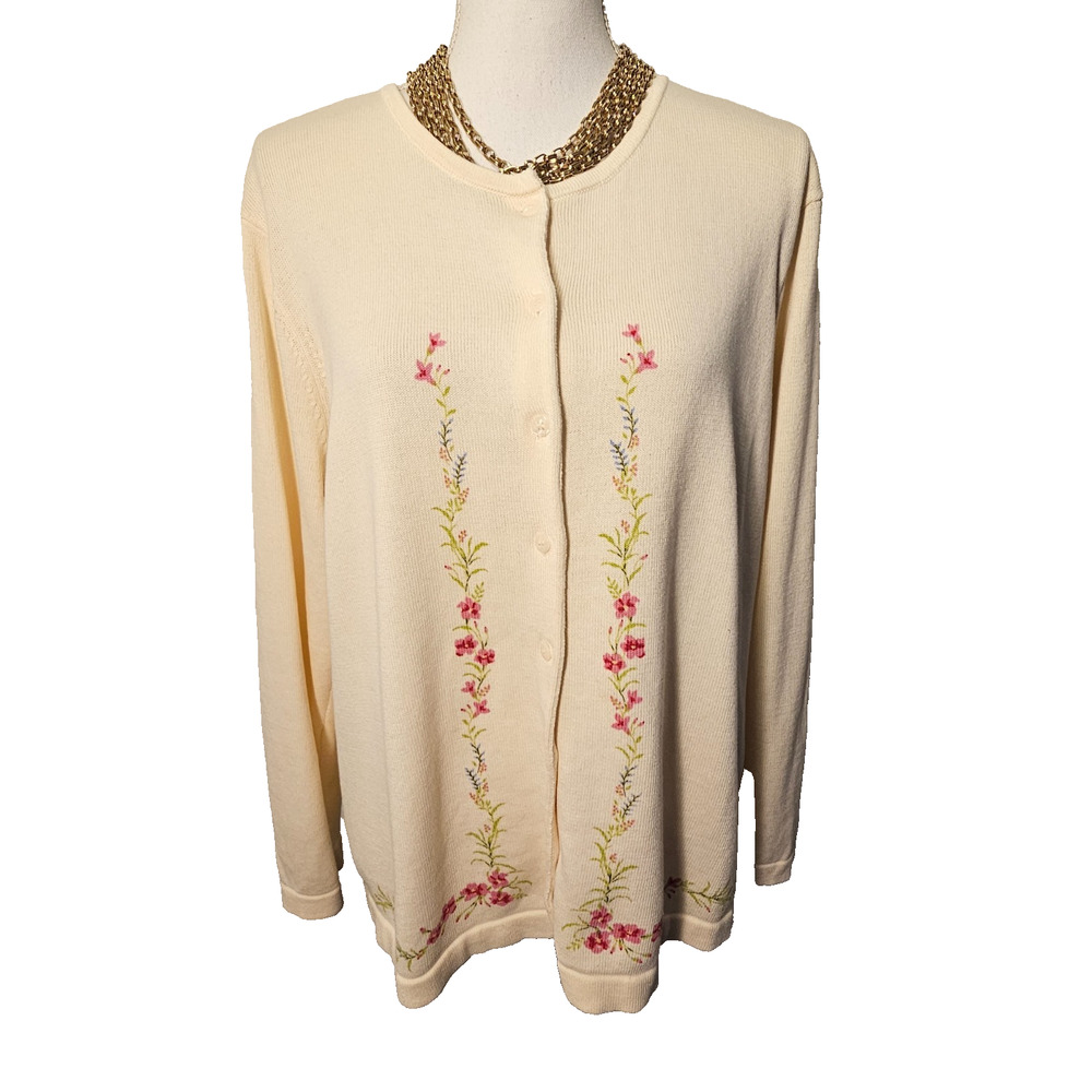 VTG Elizabeth by Liz Claiborne Cream Floral Long Sleeve Cardigan Sweater 1X